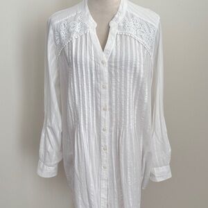 Style & Co. White Lace Yoke Pintuck Button-Down Blouse